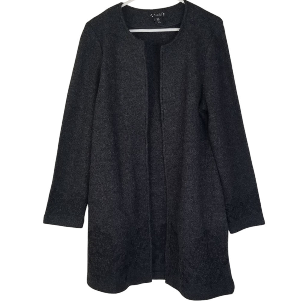 Nanette Lepore Gray 100% Wool Open Front Duster Cardigan Black Embroidered  M